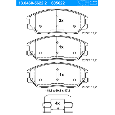 ATE Bremsbelagsatz, Scheibenbremse vorne rechts links mit Zubehör für HYUNDAI SSANGYONG 58101-3BA02 58101-H1A80 4813A211