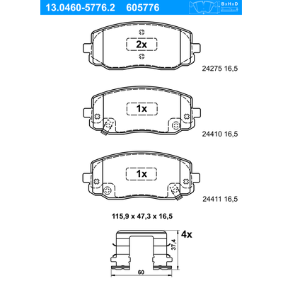 ATE Bremsbelagsatz, Scheibenbremse vorne rechts links mit Zubehör für HYUNDAI KIA 58101-0XA01 58101-07A00 58101-07A10 13