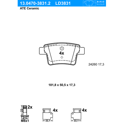 ATE Bremsbelagsatz, Scheibenbremse Ceramic hinten rechts links mit Zubehör für JAGUAR FORD 1522073 1356392 C2S38068 13.0