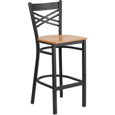 Flash Furniture Hercules Series Black ''X'' Back Metal Restaurant Barstool - Natural Wood Seat - Fla