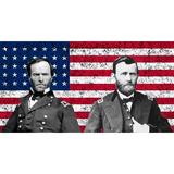 Vector artwork of General William Tecumseh Sherman and General Ulysses S. Grant in front of the American flag. Generals Sherman and Grant