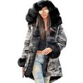 Roiii Women Winter Camouflage Thick Black Faux Fur Parka Long Hooded Jacket Coat (14, Black)