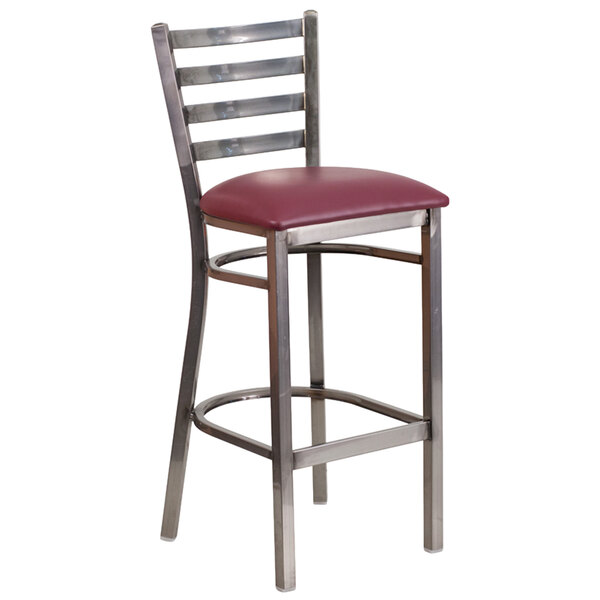Flash Furniture XU-DG697BLAD-CLR-BAR-BURV-GG Clear-Coated Ladder Back Metal Restaurant Barstool with Burgundy Vinyl Seat