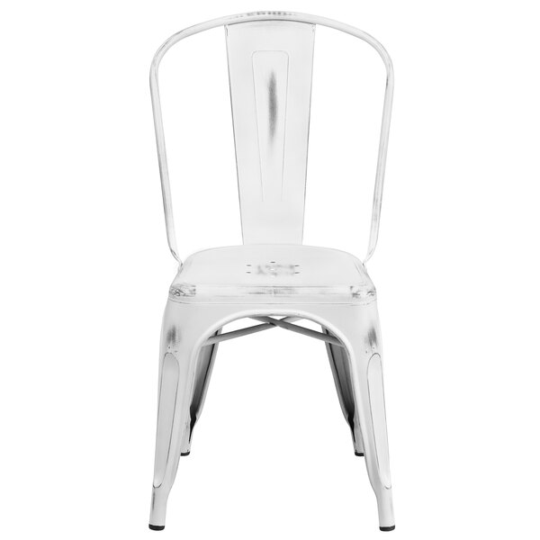 Flash Furniture ET-3534-WH-GG Distressed White Stackable Metal Chair with Vertical Slat Back and Drain Hole Seat