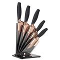 5pc Kitchen Knife Set & Block - Brooklyn by Taylors Eye Witness. Rose Gold Coloured Bolsters, Finely Ground Razor Sharp Stainless Steel Matching Blades. Soft Grip Handles. Modern Fan Shaped Holder.