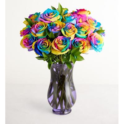 1-800-Flowers Flower Delivery Rainbow Roses 24 Stems W/ Purple Vase | Same Day Delivery Available