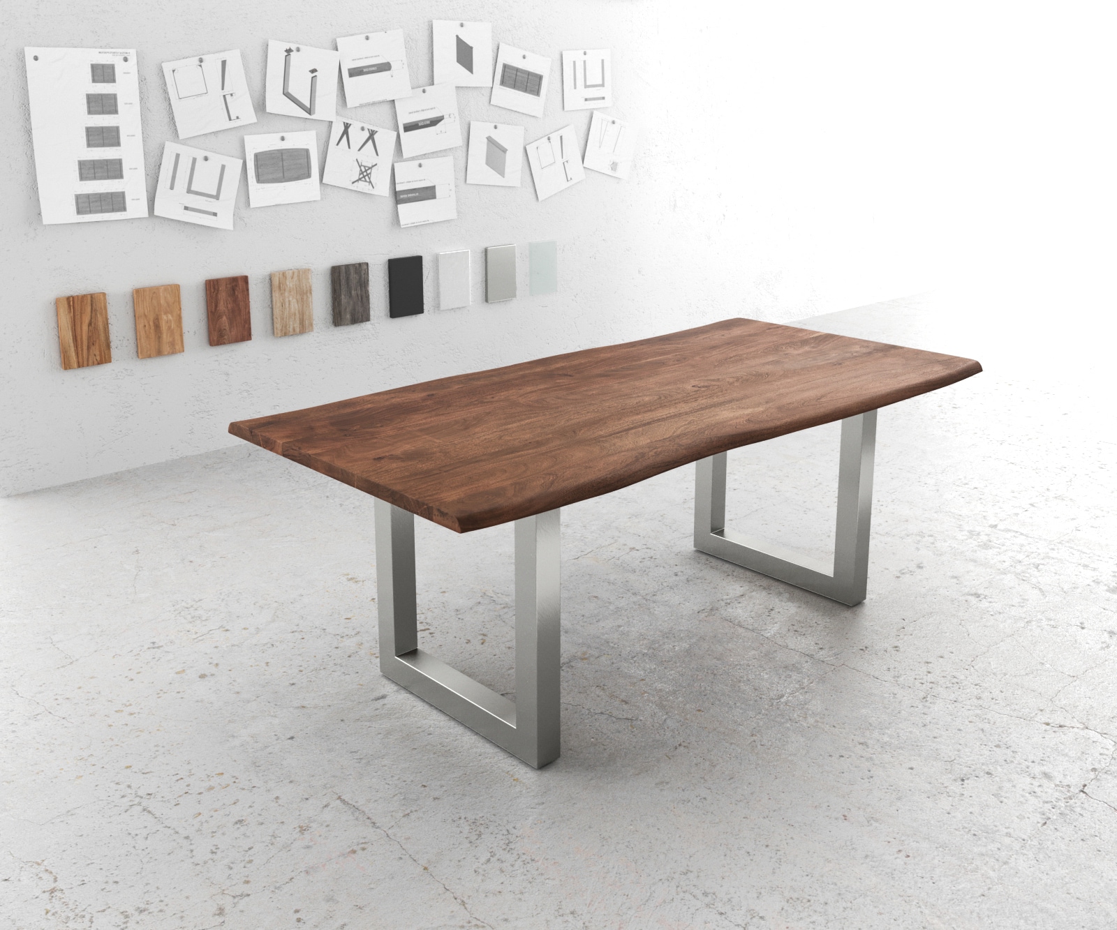 DELIFE Esstisch Edge 200x100 Akazie Braun Edelstahl Breit Live-Edge, Esstische, Baumkantenmöbel, Massivholzmöbel, Massivholz Image