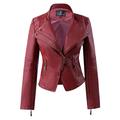 Mooncolour Women Slim Lapel Faux Leather Zip-Up Power Shoulder Bomber Moto Jacket, Wine Red, UK M(Tag 46)