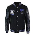 Mens Baseball Varsity Letterman College Fleece Jacket Badge PU Leather Sleeves - Black - Blue, XL