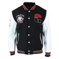 Mens Baseball Varsity Letterman College Fleece Jacket Badge PU Leather Sleeves - Black - White, S