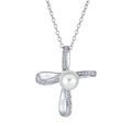 Bling Jewelry Bridal Simple Religious Simulated White Pearl Infinity Cross Necklace Pendant For Women Wedding Teen .925 Sterling Silver