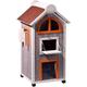 dobar 55018FSC Großes Katzenhaus "Fancy Cat" aus Holz für draußen/drinnen, Katzenturm mit 6 Öffnungen und Hängematte, XL, grau/orange/weinrot