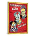 Gerahmtes Bild von French School "Poster advertising the 'Cirque d'Hiver de Paris' featuring the Fratellini Clowns, c.1927", Kunstdruck im hochwertigen handgefertigten Bilder-Rahmen, 70x100 cm, Gold raya