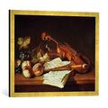 Gerahmtes Bild von Jean-Baptiste Oudry Stilleben mit Violine und Blockflöte, Kunstdruck im hochwertigen handgefertigten Bilder-Rahmen, 70x50 cm, Gold raya