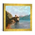 Gerahmtes Bild von Gustave Courbet Le chateau de Chillon, Kunstdruck im hochwertigen handgefertigten Bilder-Rahmen, 40x30 cm, Gold raya