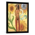 Gerahmtes Bild von Paul Gauguin Nackte Frauenfigur mit Sonnenblumen (od. Karibische Frau), Kunstdruck im hochwertigen handgefertigten Bilder-Rahmen, 50x70 cm, Schwarz matt
