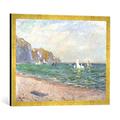 Gerahmtes Bild von Claude Monet Boats Below The Cliffs at Pourville, 1882", Kunstdruck im hochwertigen handgefertigten Bilder-Rahmen, 70x50 cm, Gold Raya