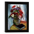 Gerahmtes Bild von August Macke Stilleben mit Anemonen und blauem Buch, Kunstdruck im hochwertigen handgefertigten Bilder-Rahmen, 30x30 cm, Schwarz matt