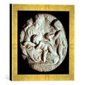 Gerahmtes Bild von Michelangelo Buonarroti "Tondo Taddei, circular stone sculptured panel by Michelangelo Buonarroti (1475-1564)", Kunstdruck im hochwertigen handgefertigten Bilder-Rahmen, 30x30 cm, Gold raya