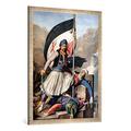 Gerahmtes Bild von Louis nach Dupre "The Greek Rebellion, the standard bearer in Salona on Easter day 1821, litho by Lemercier for 'Voyage a Athenes', written and il", Kunstdruck im hochwertigen handgefertigten Bilder-Rahmen, 70x100 cm, Silber raya