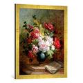 Gerahmtes Bild von Emile Henri Brunner-Lacoste Still life with flowers and sheet music, Kunstdruck im hochwertigen handgefertigten Bilder-Rahmen, 50x70 cm, Gold raya