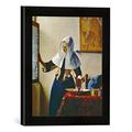 Gerahmtes Bild von Jan Vermeer van Delft Junge Frau mit Wasserkrug am Fenster, Kunstdruck im hochwertigen handgefertigten Bilder-Rahmen, 30x30 cm, Schwarz matt