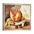 Gerahmtes Bild von Giovanna Garzoni Teller mit Granatapfel, Kastanien und Schnecke, Kunstdruck im hochwertigen handgefertigten Bilder-Rahmen, 70x50 cm, Silber raya