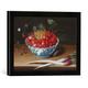 Gerahmtes Bild von Abraham Gibbens "Kirschen, Erdbeeren und Stachelbeeren in einer Porzelanschale mit zwei Schwarzwurzeln auf einem Holzsims", Kunstdruck im hochwertigen handgefertigten Bilder-Rahmen, 40x30 cm, Schwarz matt
