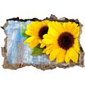 Pixxprint 3D_WD_S2091_92x62 schöne Sonnenblumen auf Holztisch Wanddurchbruch 3D Wandtattoo, Vinyl, Bunt, 92 x 62 x 0,02 cm