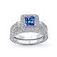 1CT Square Simulated Blue Sapphire Solitaire Cubic Zirconia Brilliant Princess Cut Halo AAA CZ Pave Milgrain Eternity Band Anniversary Engagement Wedding Ring Set For Women .925 Sterling Silver