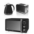 New Swan Kitchen Appliance Retro Set - Black Digital 20L Microwave, Black 1.5 Litre Jug Kettle & Black Retro Stylish 2 Slice Toaster Set