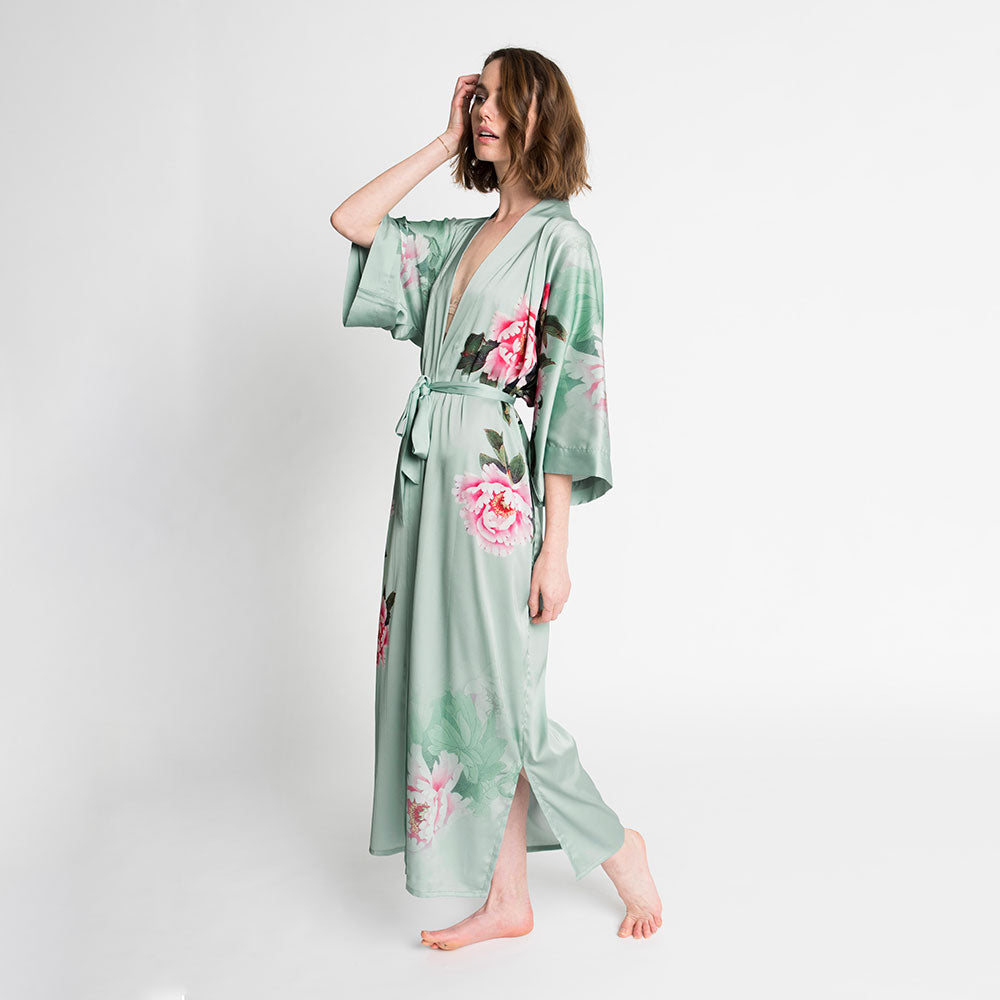 KIM+ONO Kimono Robe | Peony & Bird Long Floral Kimono Robe | Polyester Charmeuse | Celedon | Long