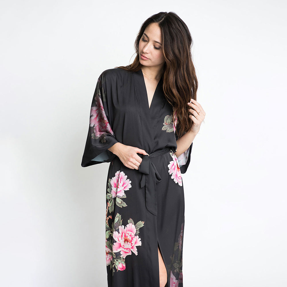 KIM+ONO Kimono Robe | Peony & Bird Long Floral Kimono Robe | Polyester Charmeuse | Black | Long