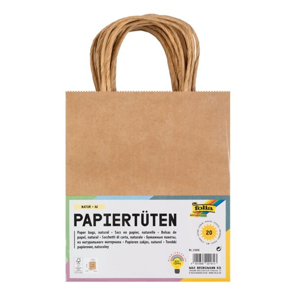 folia 20er-Pack Papier-Tragetaschen Größe M - naturfarben braun, 18x21x8 cm