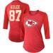 Women's Majestic Travis Kelce Red Kansas City Chiefs Player Name & Number Tri-Blend Three-Quarter Sleeve T-Shirt