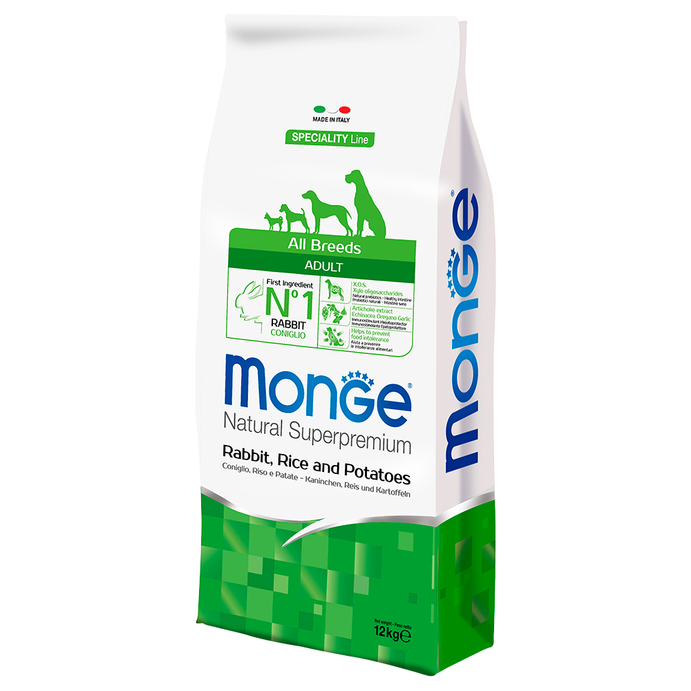 2 x 12 kg Monge Superpremium Crocchette cane - All Breeds Adult Coniglio, Riso e Patate