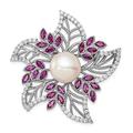 925 Sterling Silver Rh10 11mm White Freshwater Cultured Pearl CZ Cubic Zirconia Simulated Diamond Pink Corundum Pin Jewelry Gifts for Women