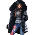 Roiii Women Winter Camouflage Thick Gray Fur Parka Long Hooded Jacket Coat (16/18, Black)