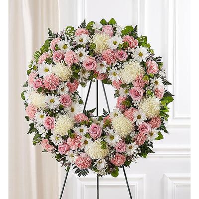 1-800-Flowers Flower Delivery Serene Blessings Standing Wreath - Pink & White Small | Happiness Delivered To Their Door