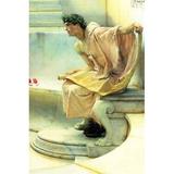 Greek poet in laurel wreath sits on a marble bench. Draped in classical clothing he holds a scroll Poster Print by Alma-Tadema (24 x 36)