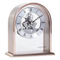 London Clock Arch Top Skeleton Mantel Clock, Rose Gold Case with Silver Movement, 14 x 12 x 6cm