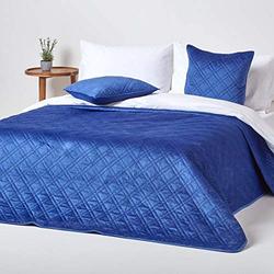 HOMESCAPES Navy Blue Velvet Bedspread Quilted Geometric Throw for King Size & Super King Size Bed - 250 x 260 cm