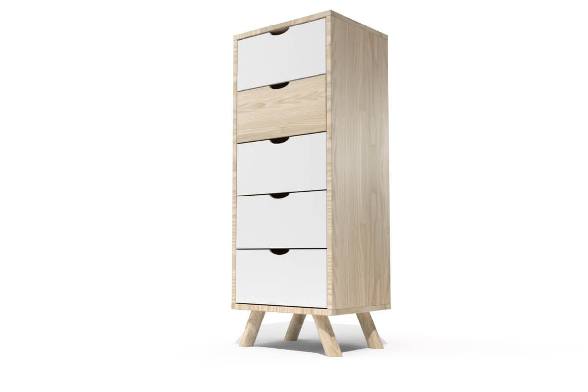 Chiffonnier Scandinave bois 5 tiroirs Viking - Vernis naturel/Blanc