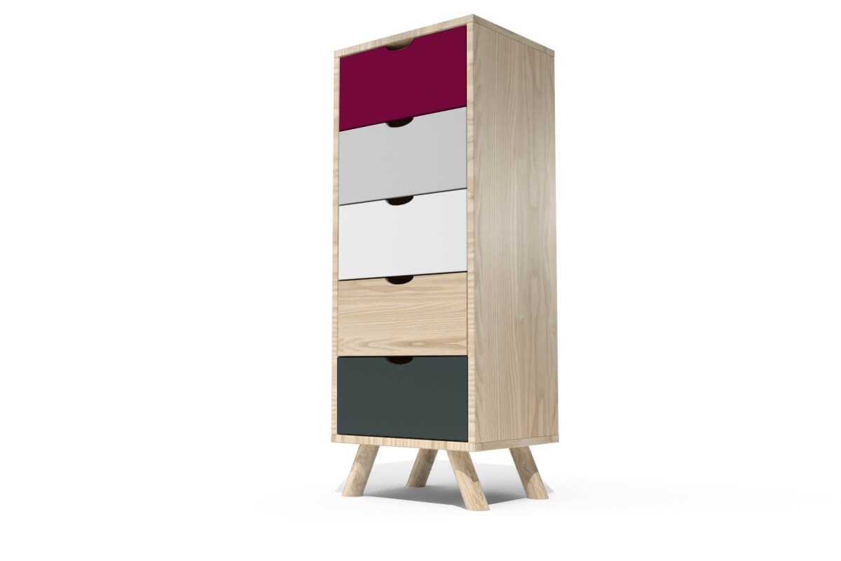 Chiffonnier Scandinave bois 5 tiroirs Viking - Prune, Gris souris, Blanc, Gris anthracite