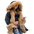 Roiii Women Winter Warm Thick Faux Fur Coat Hood Parka Long Jacket Size 8-20 (12,Brown Black)