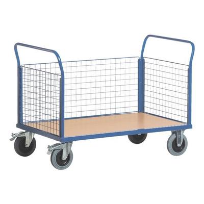 ROLLCART Gitter-Dreiwandwagen 120x78 cm Holz-Ladefläche blau, 137x99x80 cm