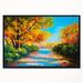 East Urban Home 'Autumn Forest w/ Colorful River' Framed Oil Painting Print on Wrapped Canvas in Blue/Green/Yellow | 12 H x 20 W x 1 D in | Wayfair