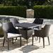 Ivy Bronx Backlund Outdoor Wicker Square 5 Piece Dining Set w/ Cushions Wicker/Rattan in Brown | 28.35 H x 36.6 W x 36.6 D in | Wayfair