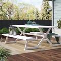 Orren Ellis Vivere Bima Banquet Deluxe Aluminum Outdoor Picnic Table w/ Umbrella Hole Wood/Metal in Brown/White | 29.53 H x 78.74 W x 73.23 D in | Wayfair