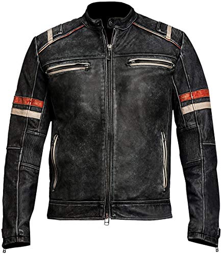 Fashion_First Mens Biker Retro Vintage Cafe Racer Antique Motorcycle Distressed Leather Jacket (Large, Retro 2)